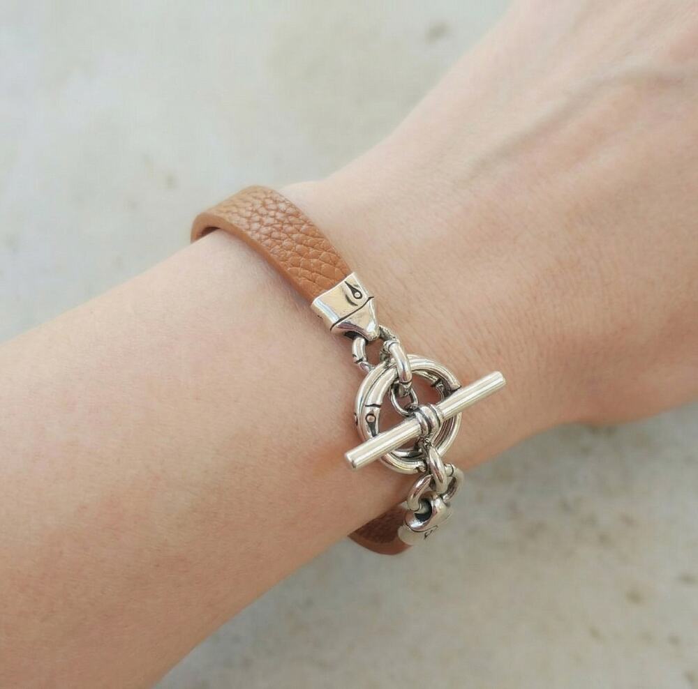 John Hardy Tan Leather Sterling Silver 925 Toggle Bracelet Classic Casual 7.5in